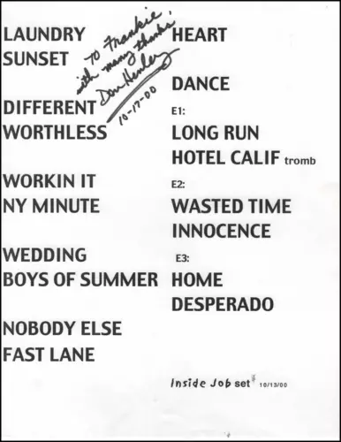 DON HENLEY EAGLES SIGNED AUTOGRAPH INSIDE JOB TOUR SET LIST & PASS – BECKETT COA COLLECTIBLE MEMORABILIA