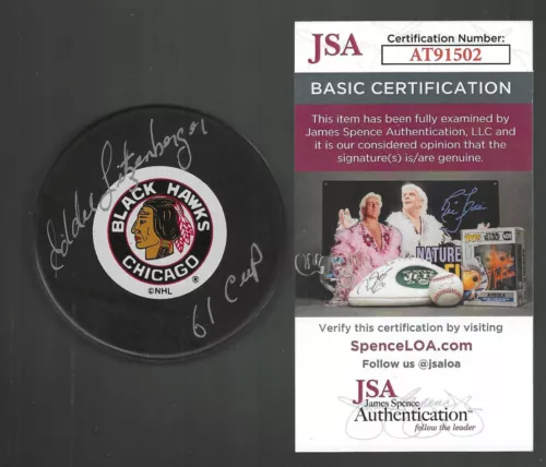 EDDIE LITZENBERGER SIGNED & INSCRIBED CHICAGO BLACKHAWKS PUCK JSA COA COLLECTIBLE MEMORABILIA