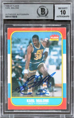 JAZZ KARL MALONE SIGNED 1986 FLEER #68 ROOKIE CARD AUTO 10! (CREASED) BAS SLAB COLLECTIBLE MEMORABILIA