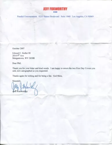JEFF FOXWORTHY REDNECK COMEDIAN GAME SHOW HOST SIGNED AUTOGRAPH LETTER COLLECTIBLE MEMORABILIA