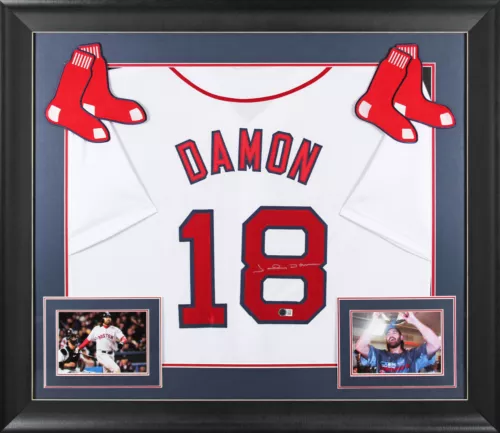 JOHNNY DAMON AUTHENTIC SIGNED WHITE PRO STYLE FRAMED JERSEY BAS WITNESSED COLLECTIBLE MEMORABILIA