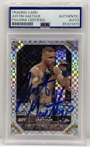 JUSTIN GAETHJE SIGNED 2024 TOPPS CHROME X-FRACTOR UFC CARD PSA/DNA SLABBED COLLECTIBLE MEMORABILIA