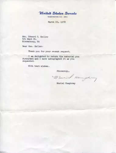 MURIEL HUMPHREY VICE PRESIDENT WIFE MINNESOTA SENATOR CONGRESS SIGNED AUTOGRAPH COLLECTIBLE MEMORABILIA