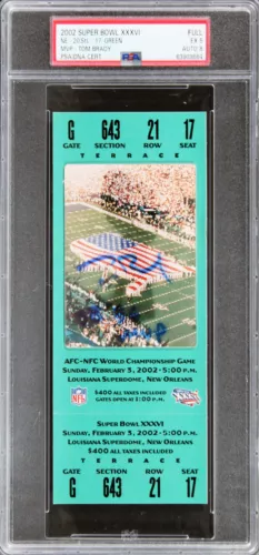 TOM BRADY “SB 36 MVP” SIGNED SB XXXVI FULL TICKET GRADE EX 5 AUTO 8 PSA SLABBED COLLECTIBLE MEMORABILIA