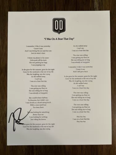 TREVOR ROSEN ‘OLD DOMINION’ BAND SIGNED LYRIC SHEET ‘I WAS ON A BOAT THAT DAY’ COLLECTIBLE MEMORABILIA