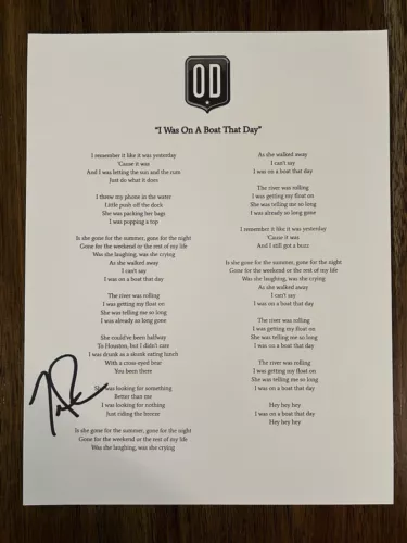 TREVOR ROSEN ‘OLD DOMINION’ BAND SIGNED LYRIC SHEET ‘I WAS ON A BOAT THAT DAY’ COLLECTIBLE MEMORABILIA