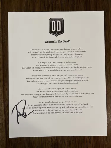 TREVOR ROSEN ‘OLD DOMINION’ BAND SIGNED LYRIC SHEET ‘WRITTEN IN THE SAND’ COLLECTIBLE MEMORABILIA