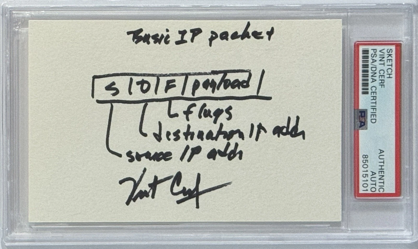 Vint Cerf FATHER OF INTERNET SIGNED BASIC IP PACKET DRAWING SKETCH PSA DNA COA
