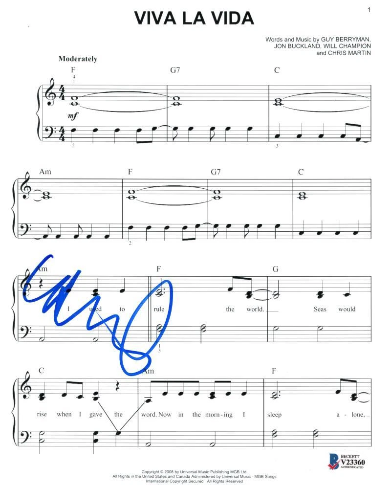Chris Martin Coldplay Signed Autograph Viva La Vida Sheet Music w/ Beckett COA