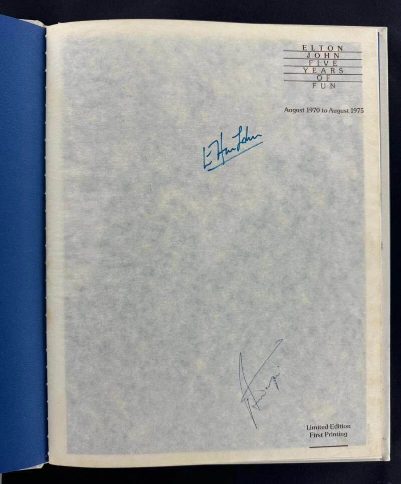 Elton John & Bernie Taupin Signed Autograph Five Years of Fun Book - Beckett COA