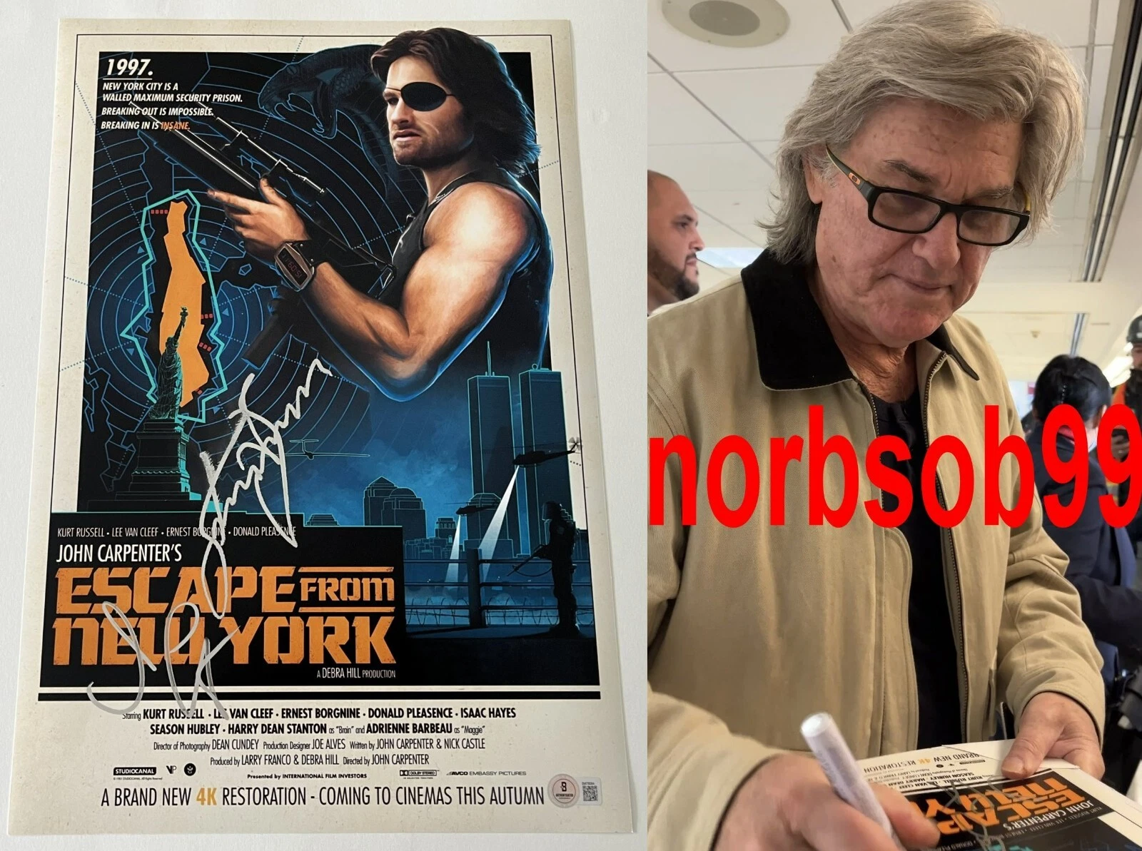 JOHN CARPENTER KURT RUSSELL SIGNED ESCAPE FROM NEW YORK 12x18 PHOTO BECKETT COA