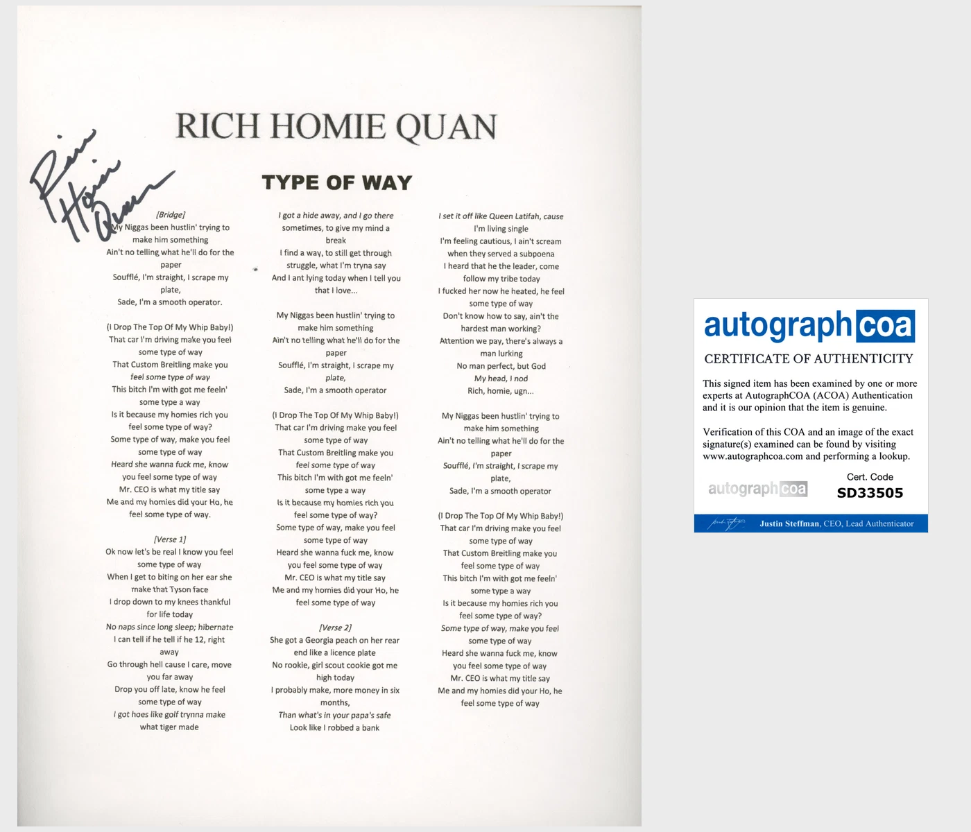 RICH HOMIE QUAN SIGNED AUTOGRAPH TYPE OF WAY LYRIC SHEET w/EXACT PROOF