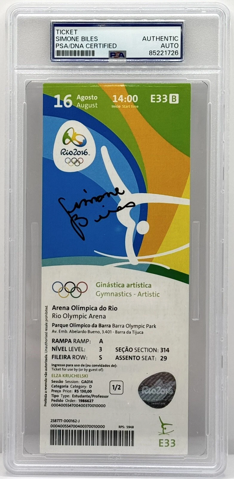 Simone Biles Signed Auto 2016 Rio Olympics Ticket PSA/DNA Gold Medal Rare