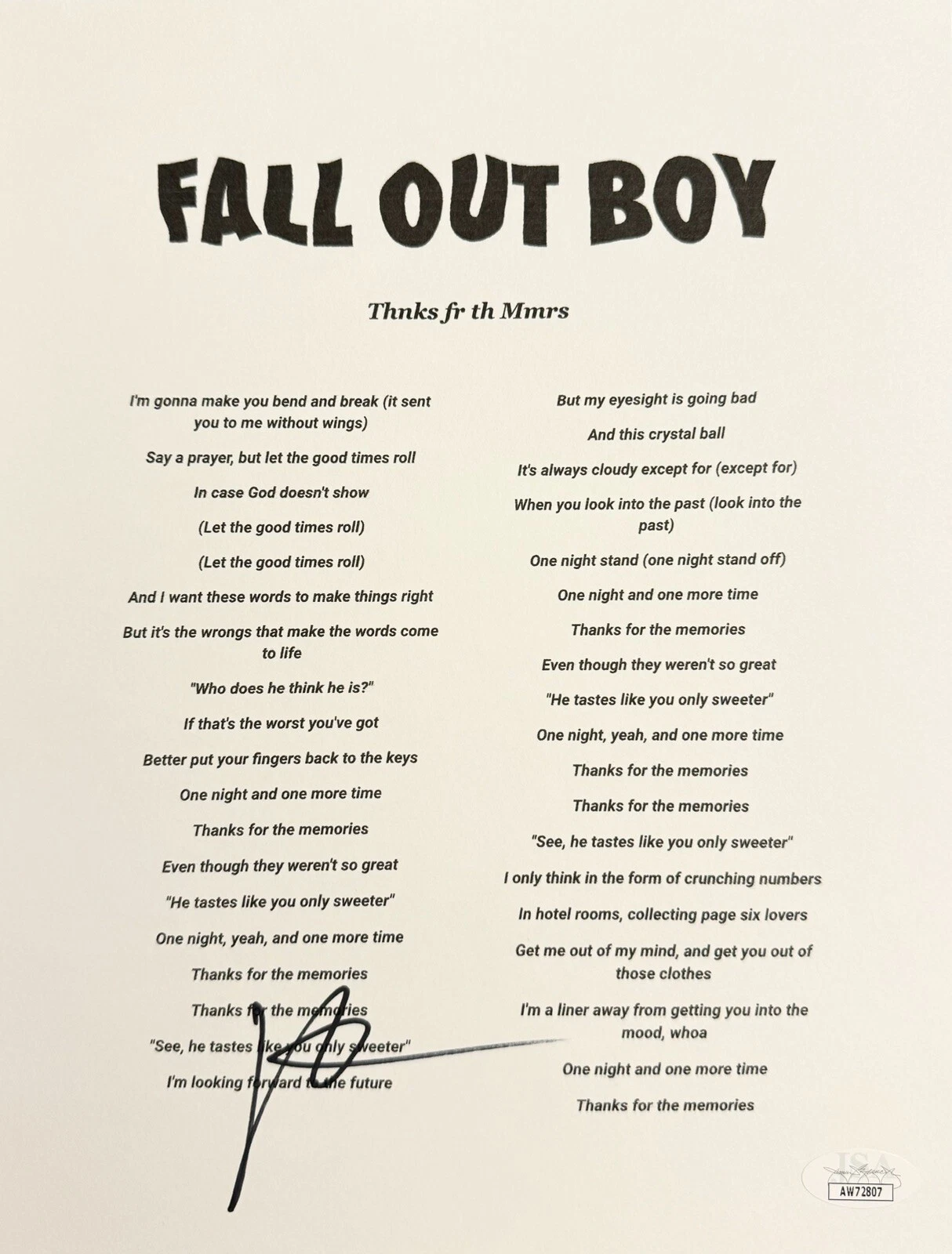 Patrick Stump Signed Autographed Fall Out Boys Lyric Sheet JSA Thnks Fr Th Mmrs