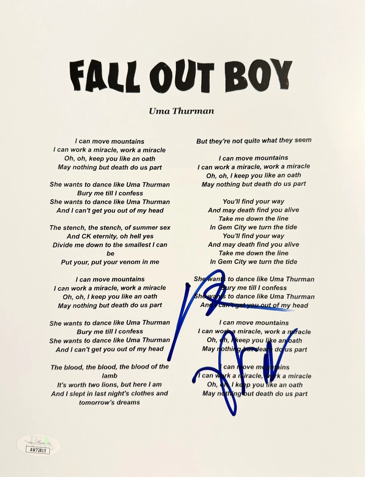 Pete Wentz & Patrick Stump Signed Autographed Uma Thurman Lyric Sheet JSA COA