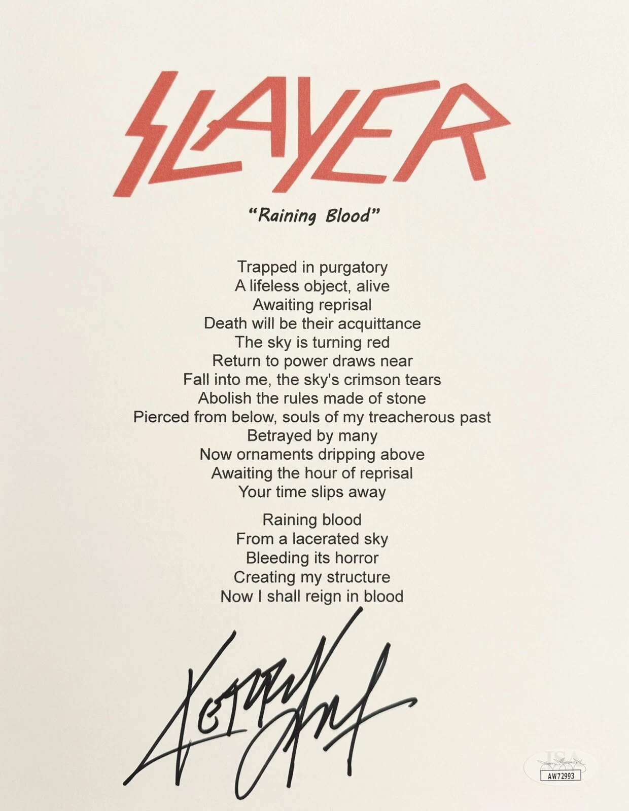 Kerry King Signed Autographed Raining Blood Slayer Lyric Sheet JSA COA