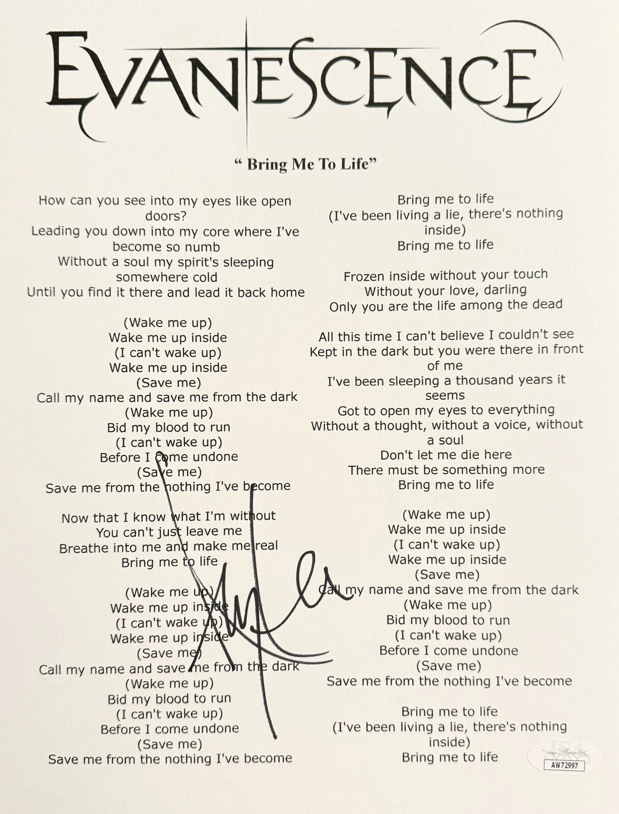 AMY LEE SIGNED AUTOGRAPHED EVANESCENCE “BRING ME TO LIFE” LYRIC SHEET JSA COA COLLECTIBLE MEMORABILIA