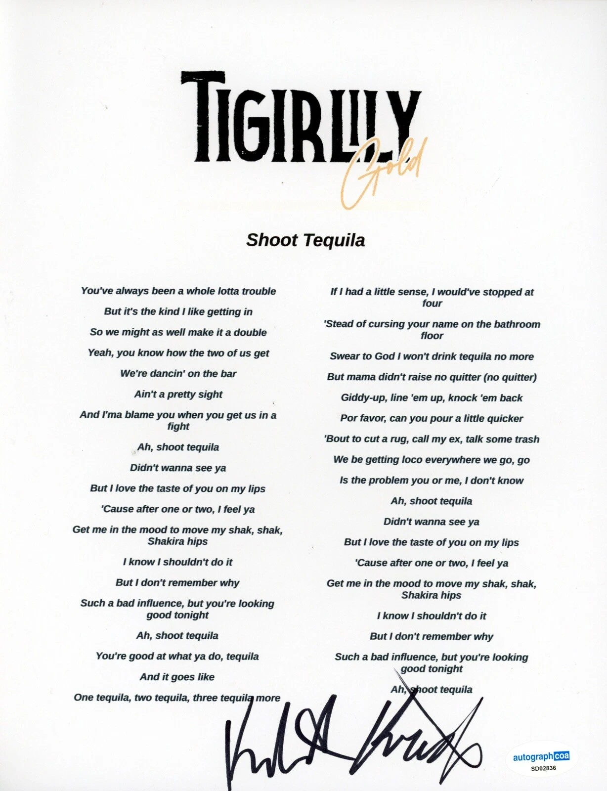 TIGIRLILY GOLD SIGNED AUTOGRAPH SHOOT TEQUILLA LYRIC SHEET ACOA COUNTRY BAND