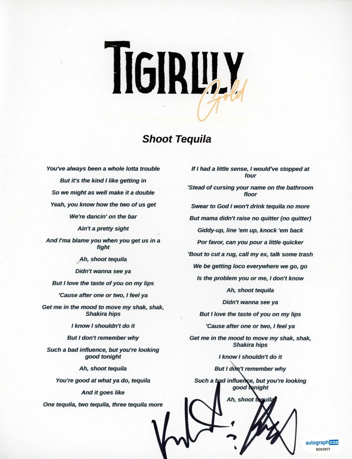 TIGIRLILY GOLD SIGNED AUTOGRAPH SHOOT TEQUILLA LYRIC SHEET ACOA COUNTRY BAND