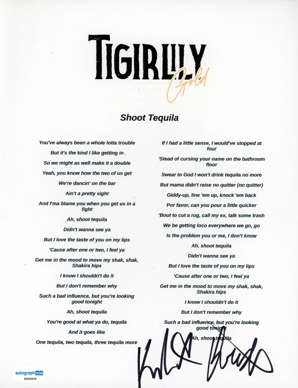 TIGIRLILY GOLD SIGNED AUTOGRAPH SHOOT TEQUILLA LYRIC SHEET ACOA COUNTRY BAND