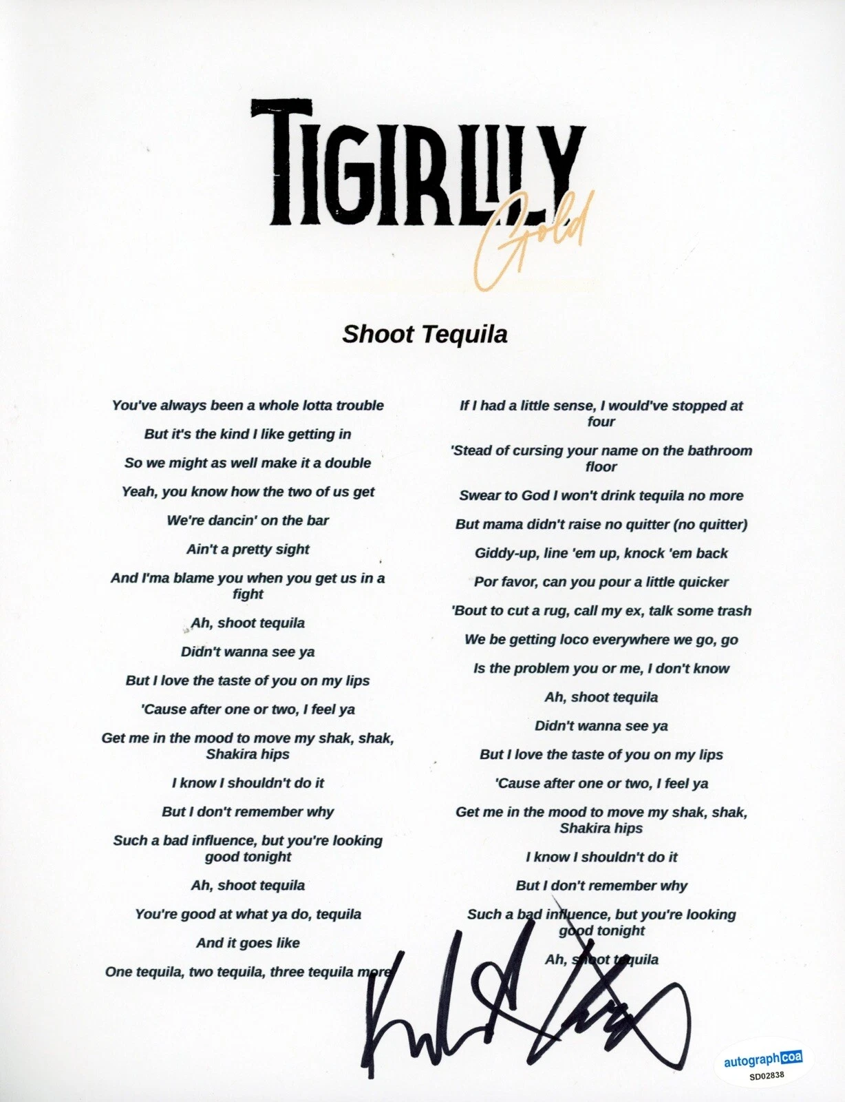 TIGIRLILY GOLD SIGNED AUTOGRAPH SHOOT TEQUILLA LYRIC SHEET ACOA COUNTRY BAND