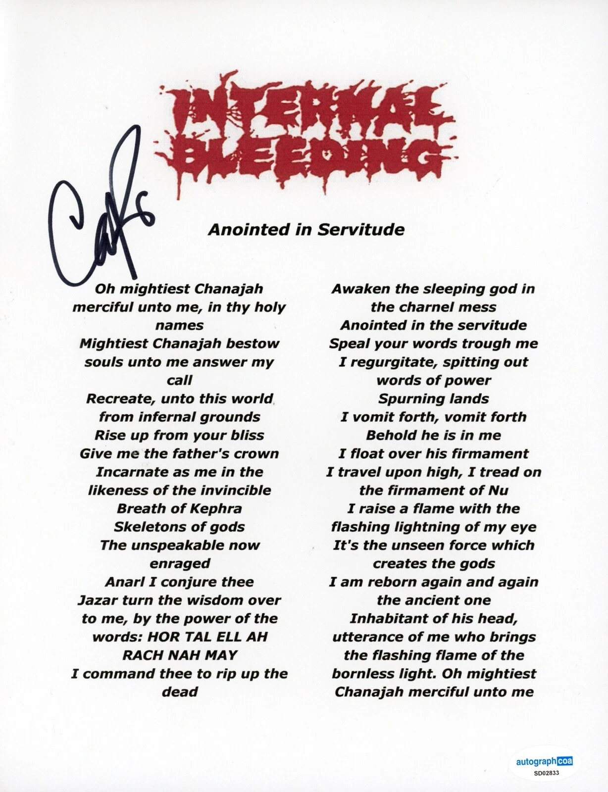 INTERNAL BLEEDING SIGNED AUTOGRAPH LYRIC SHEET ACOA CHRIS PERVELIS METAL BAND