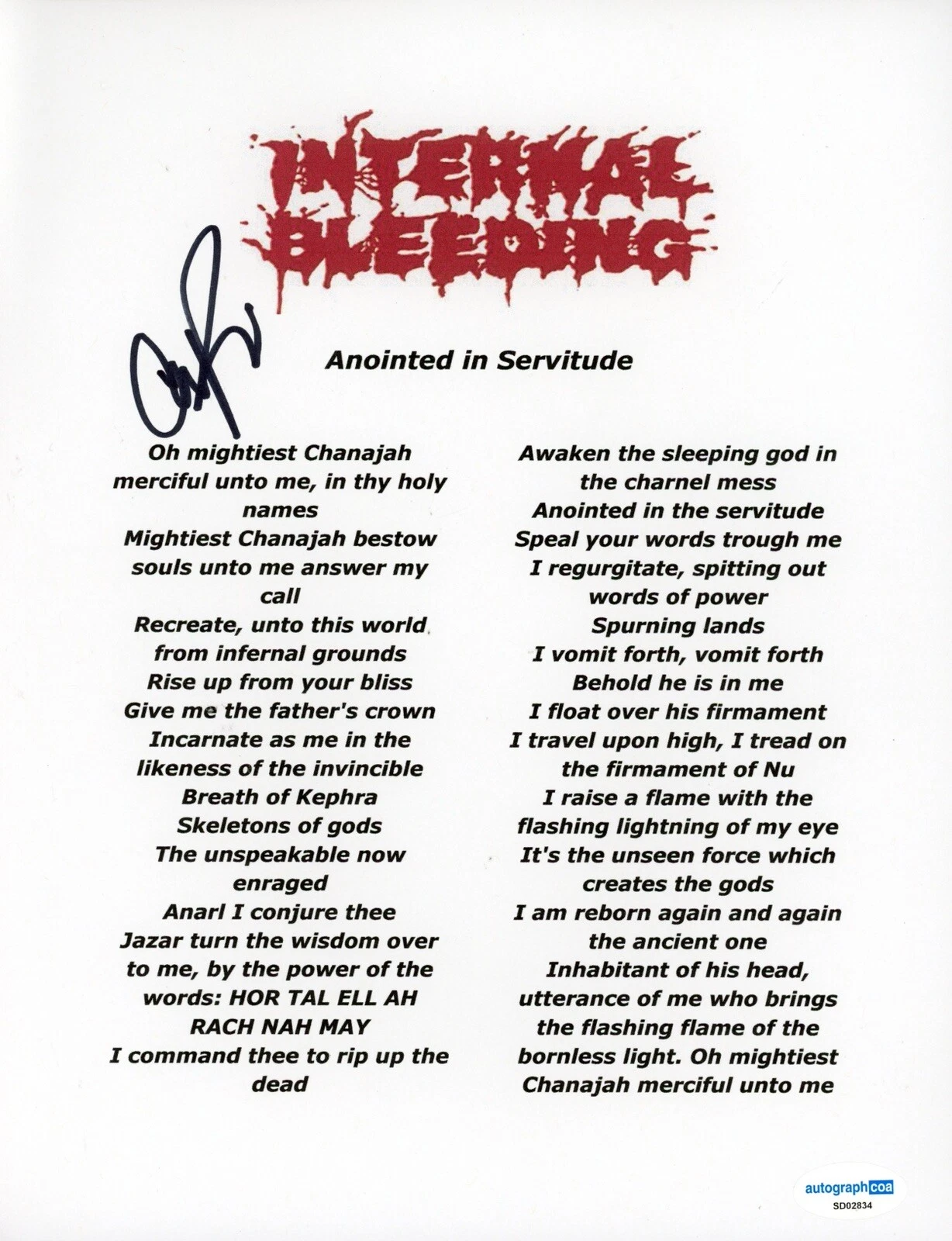 INTERNAL BLEEDING SIGNED AUTOGRAPH LYRIC SHEET ACOA CHRIS PERVELIS METAL BAND