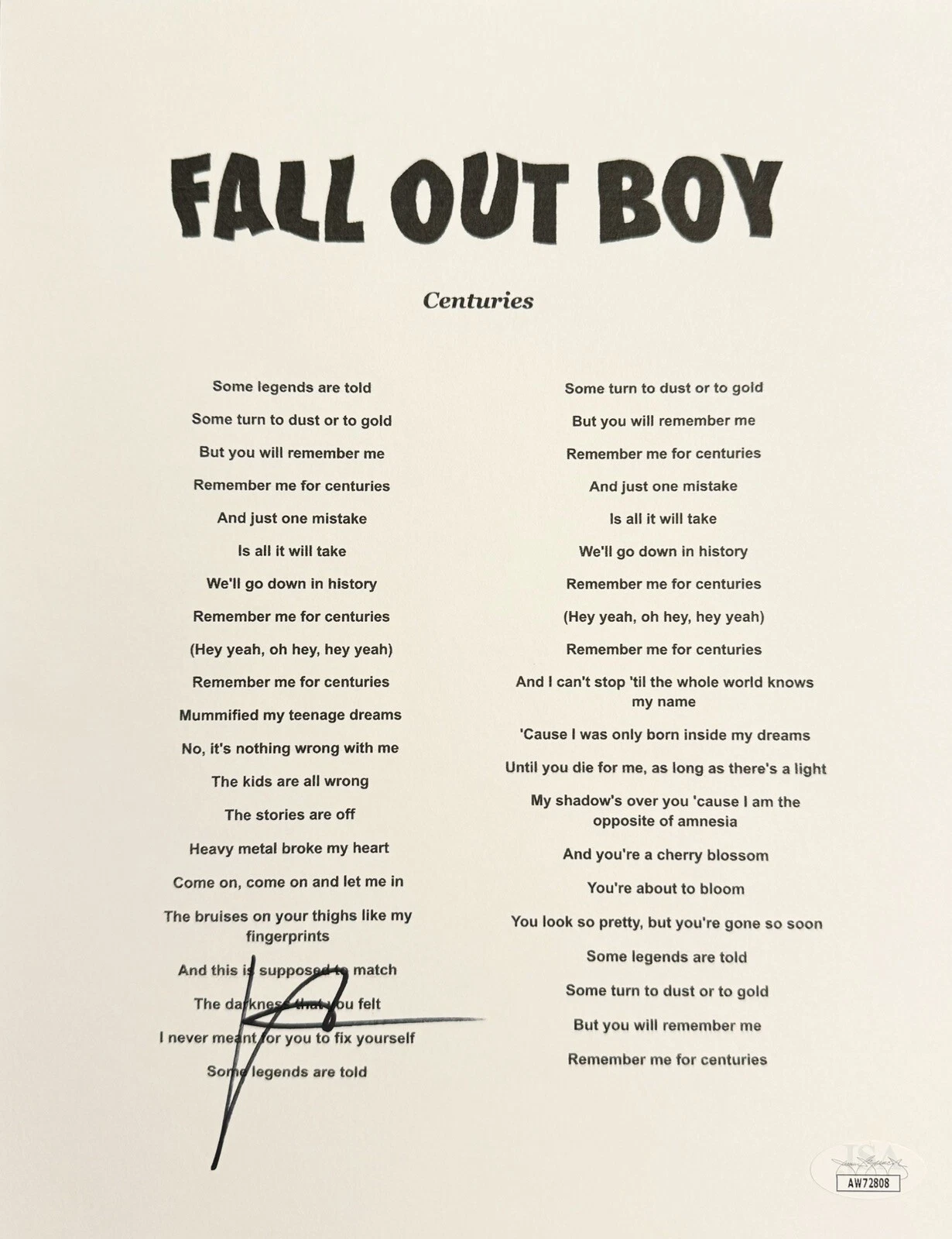 Patrick Stump Signed Autographed Fall Out Boys Lyric Sheet JSA Centuries