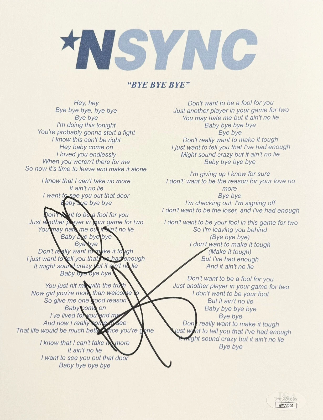 CHRIS KIRKPATRICK SIGNED AUTOGRAPHED *NSYNC LYRIC SHEET JSA COA BYE BYE BYE COLLECTIBLE MEMORABILIA