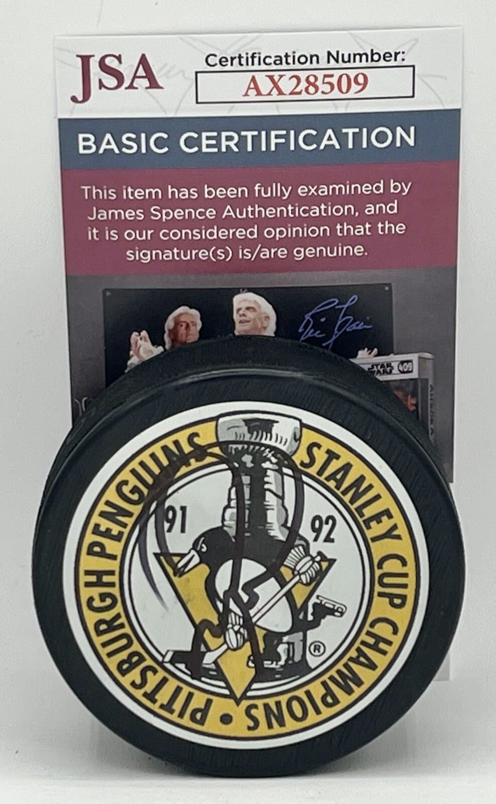 Mark Recchi signed Pittsburgh Penguins 1992 Stanley Cup Champs Puck JSA
