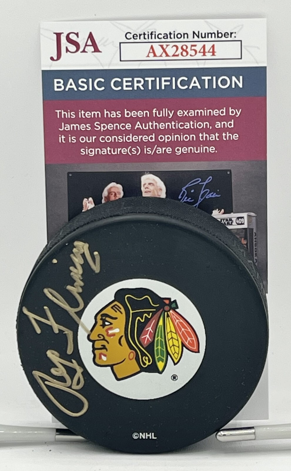 Reg Fleming signed Chicago Blackhawks Logo Puck autographed JSA