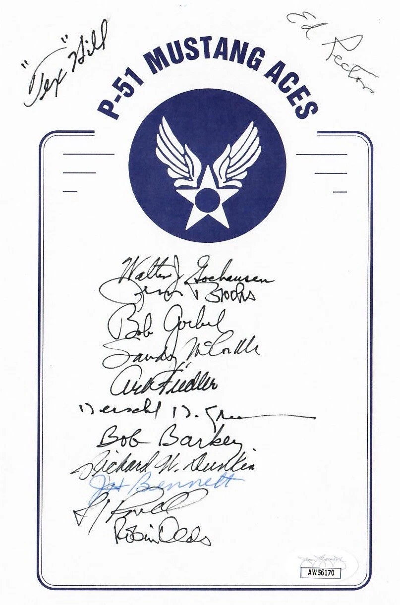 WWII P-51 ACES MULTI SIGNED BOOKPLATE JSA AW56170 OLDS GREEN HILL + 10 MORE