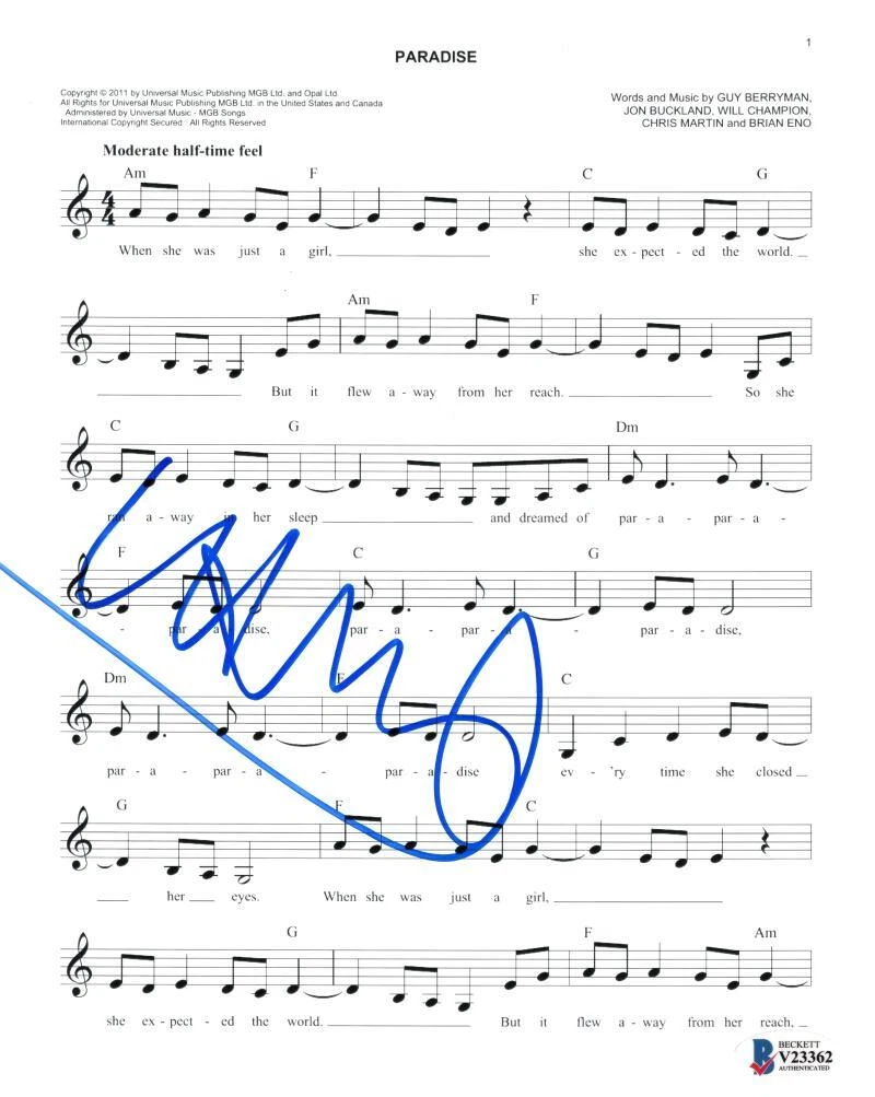 Chris Martin Coldplay Signed Autograph Paradise Sheet Music Mylo Xyloto Beckett