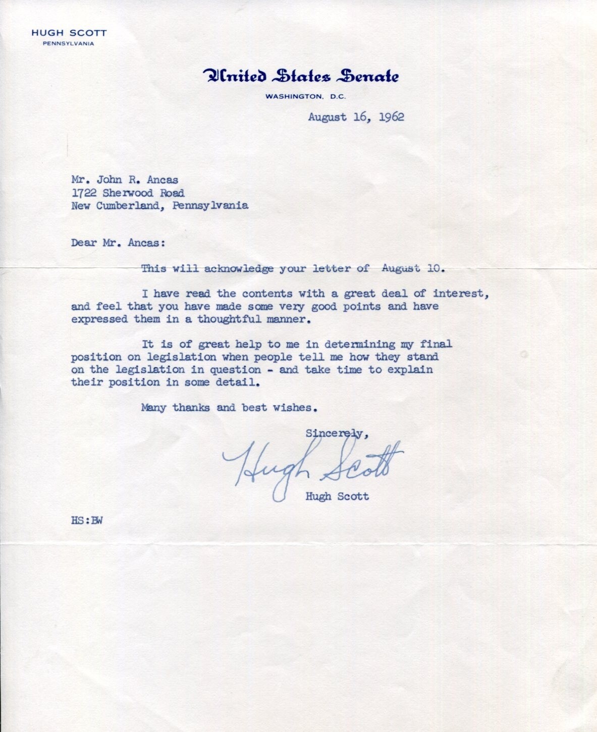 Hugh Scott Pennsylvania US Senator Representative Congress Signed Autograph TSL