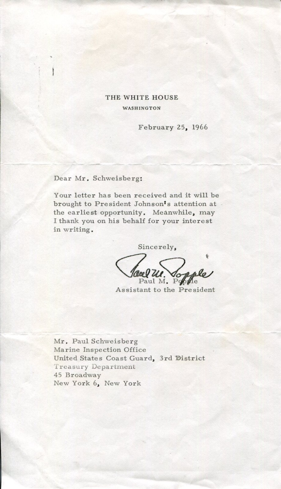 Paul M Popple Assistant President Lyndon B. Johnson Signed Autograph White House