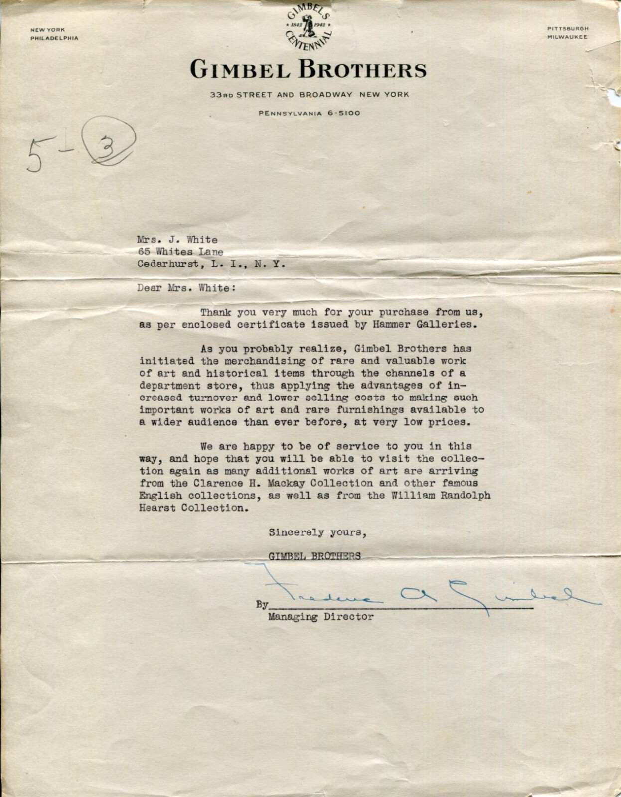 Frederic Adam Gimbel Managing Director Gimbel Brothers Rare Signed Autograph