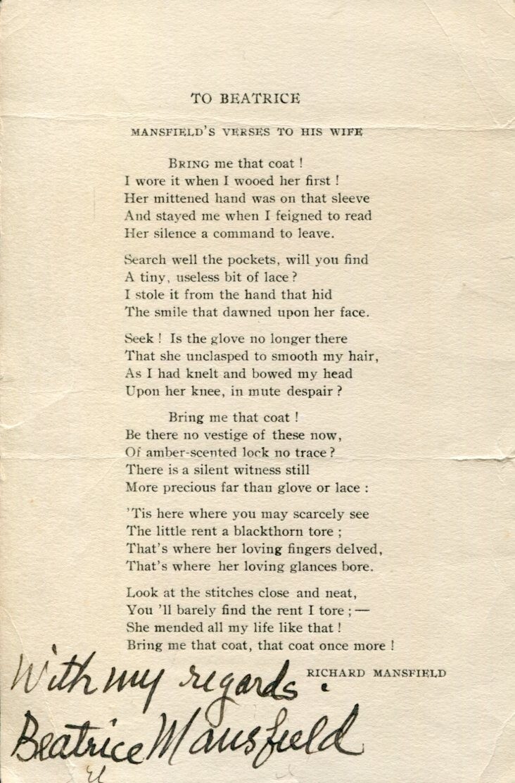 Beatrice Cameron Mansfield Dr. Jekyll and Mr. Hyde Actress Signed Autograph Poem