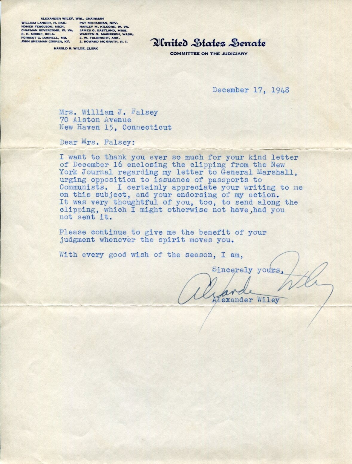 ALEXANDER WILEY US SENATOR WISCONSIN CONGRESS SIGNED AUTOGRAPH LETTER COLLECTIBLE MEMORABILIA