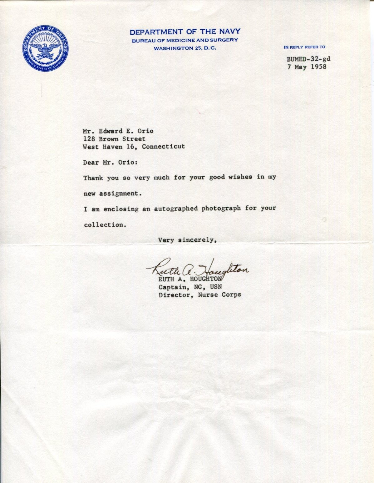 CAPTAIN RUTH AGATHA HOUGHTON DIRECTOR NAVY NURSE CORPS WWII SIGNED AUTOGRAPH TSL COLLECTIBLE MEMORABILIA