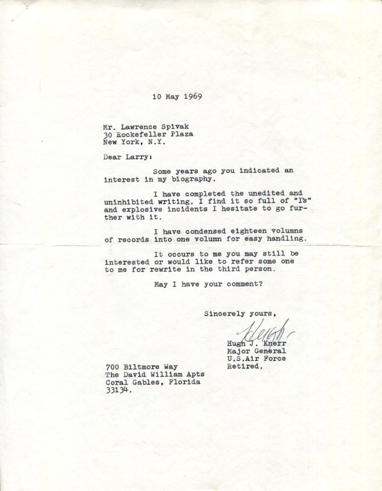 General Hugh J. Knerr WWII Eighth Air Force VIII Air Force Serv Signed Autograph