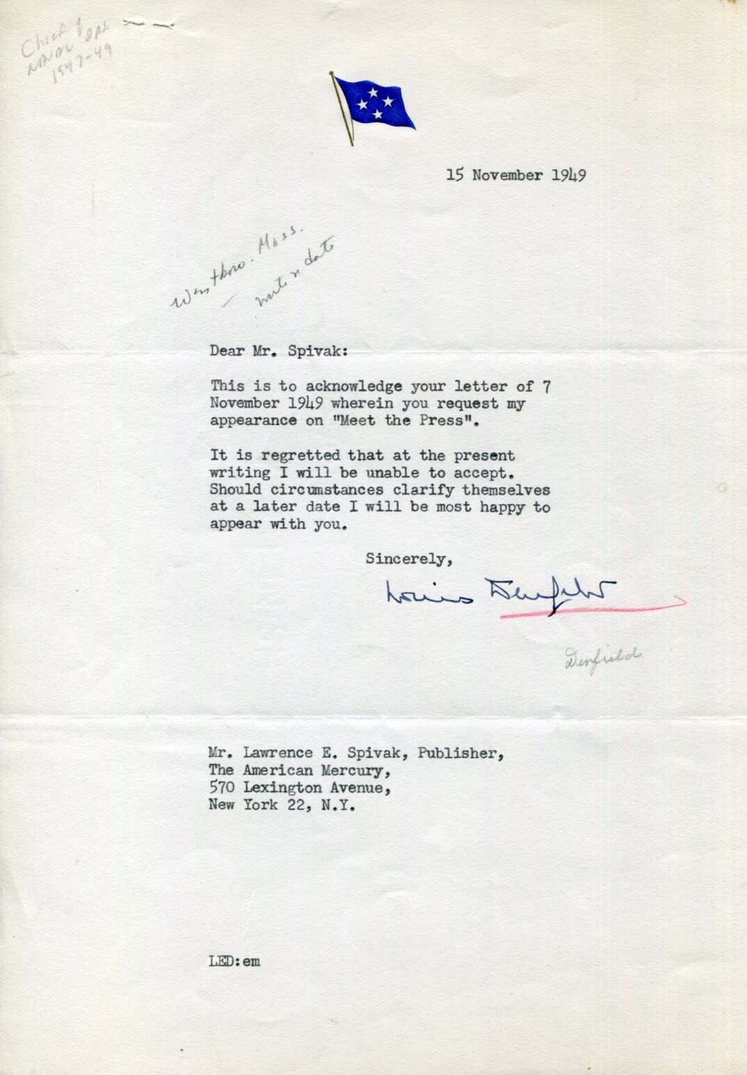 Admiral Louis E. Denfeld WWII US Pacific Command Fleet CNO Signed Autograph TSL