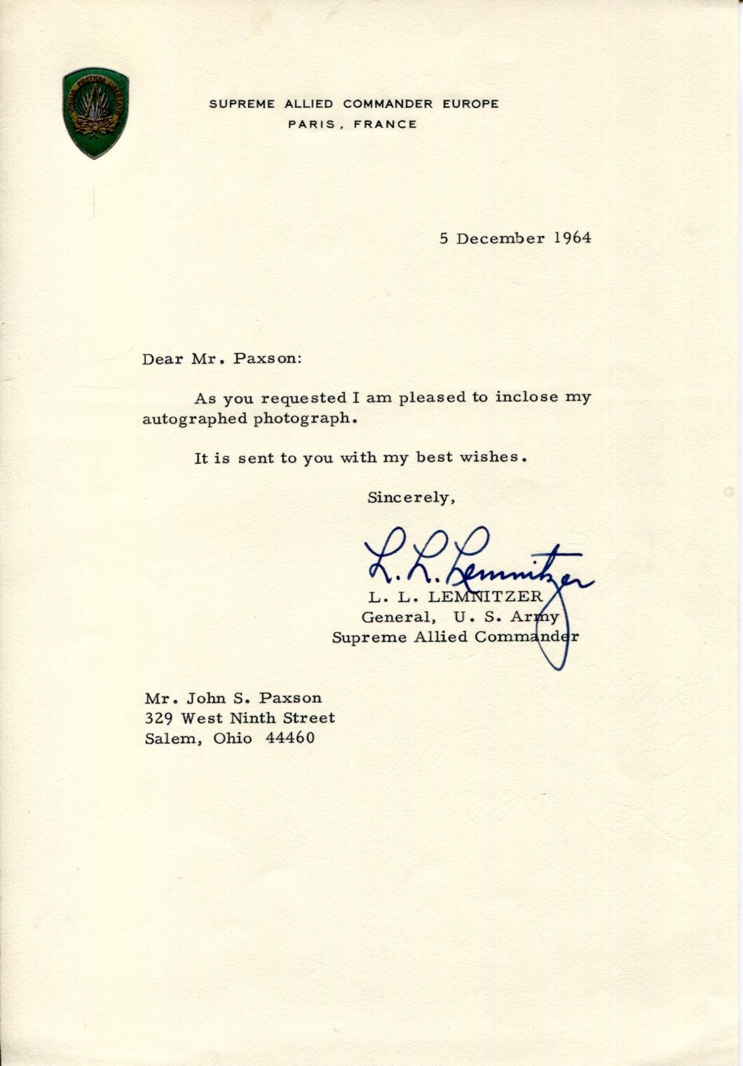 General Lyman Lemnitzer Chairman Joint Chiefs of Staff NATO Signed Autograph