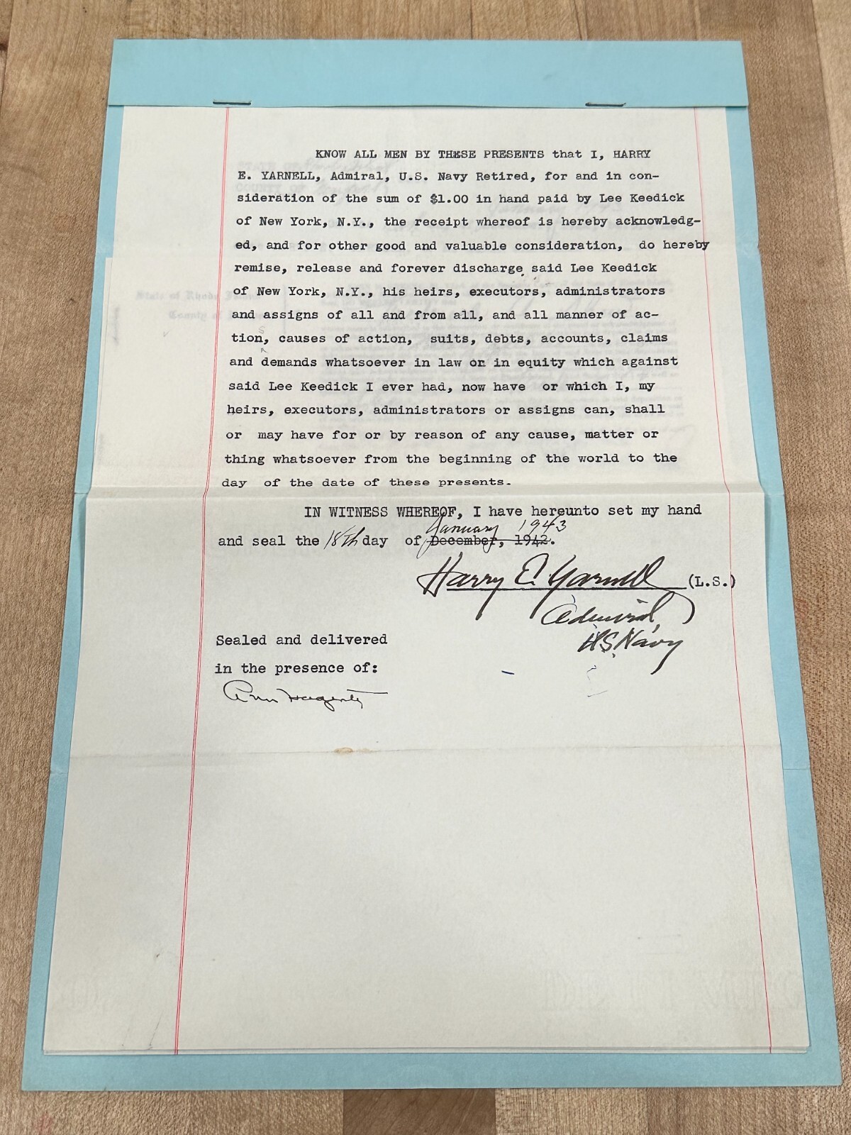 Admiral Harry E. Yarnell WWI WWII Navy Cross USS Connecticut Signed Autograph DS