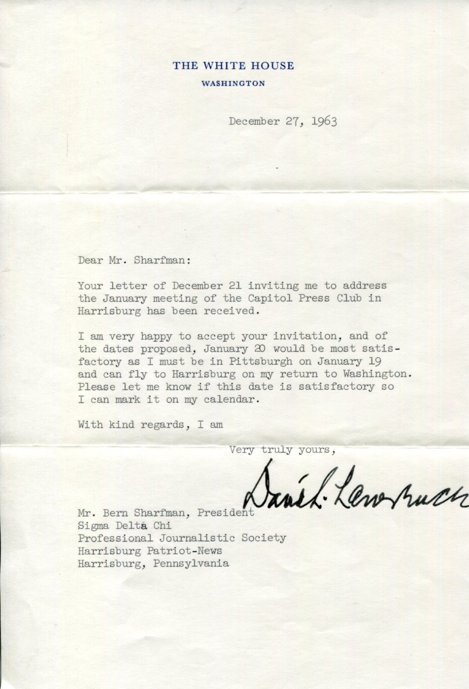 David L. Lawrence Governor of Pennsylvania Mayor Pittsburgh Signed Autograph TSL