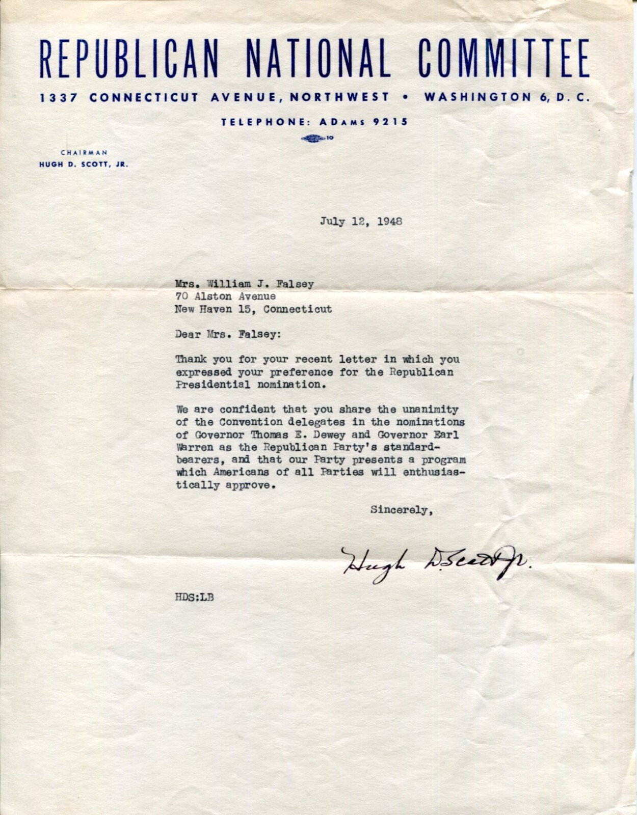 Hugh Scott Pennsylvania US Senator Representative Congress Signed Autograph TSL