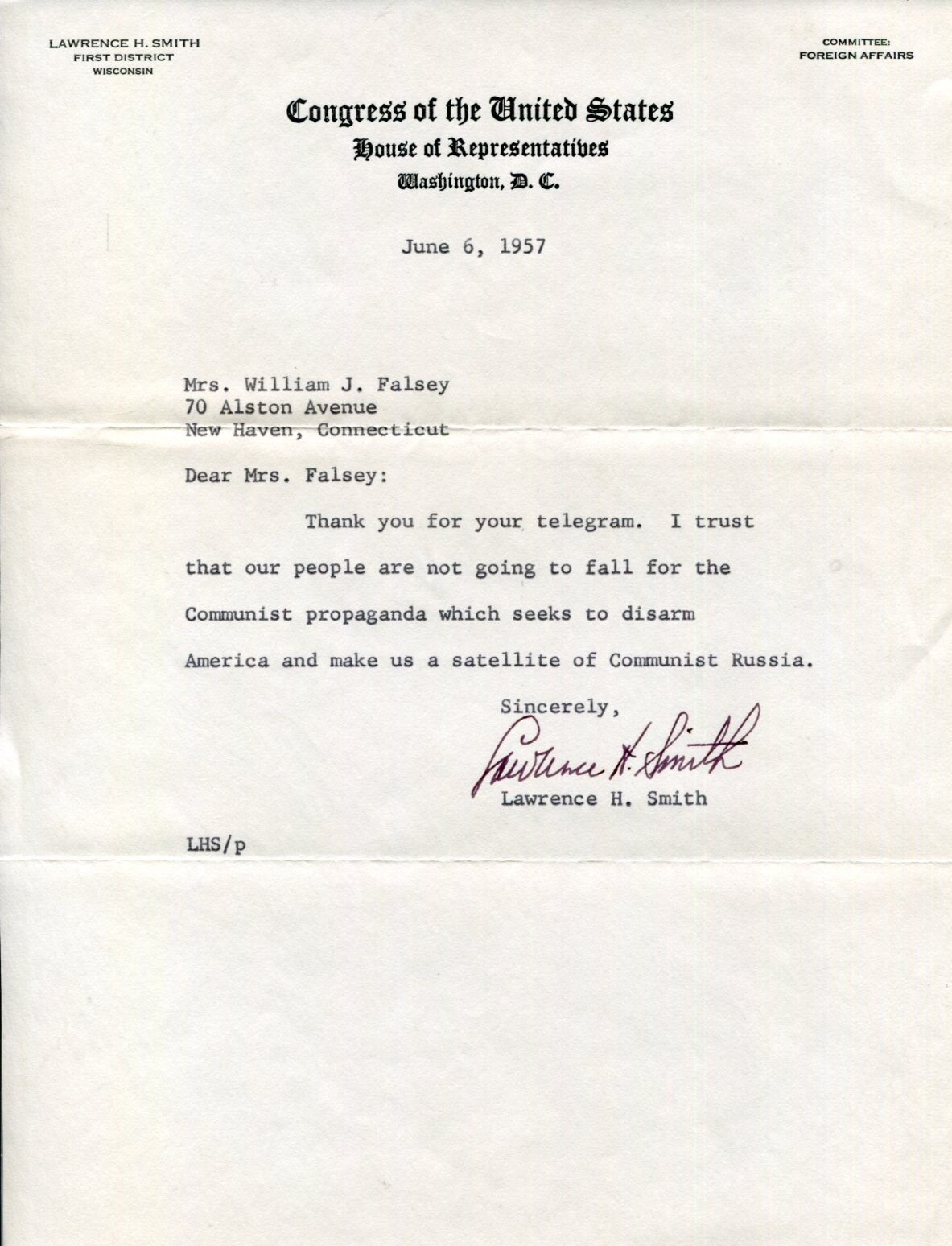 Lawrence H. Smith Wisconsin Representative Congress Died Office Signed Autograph