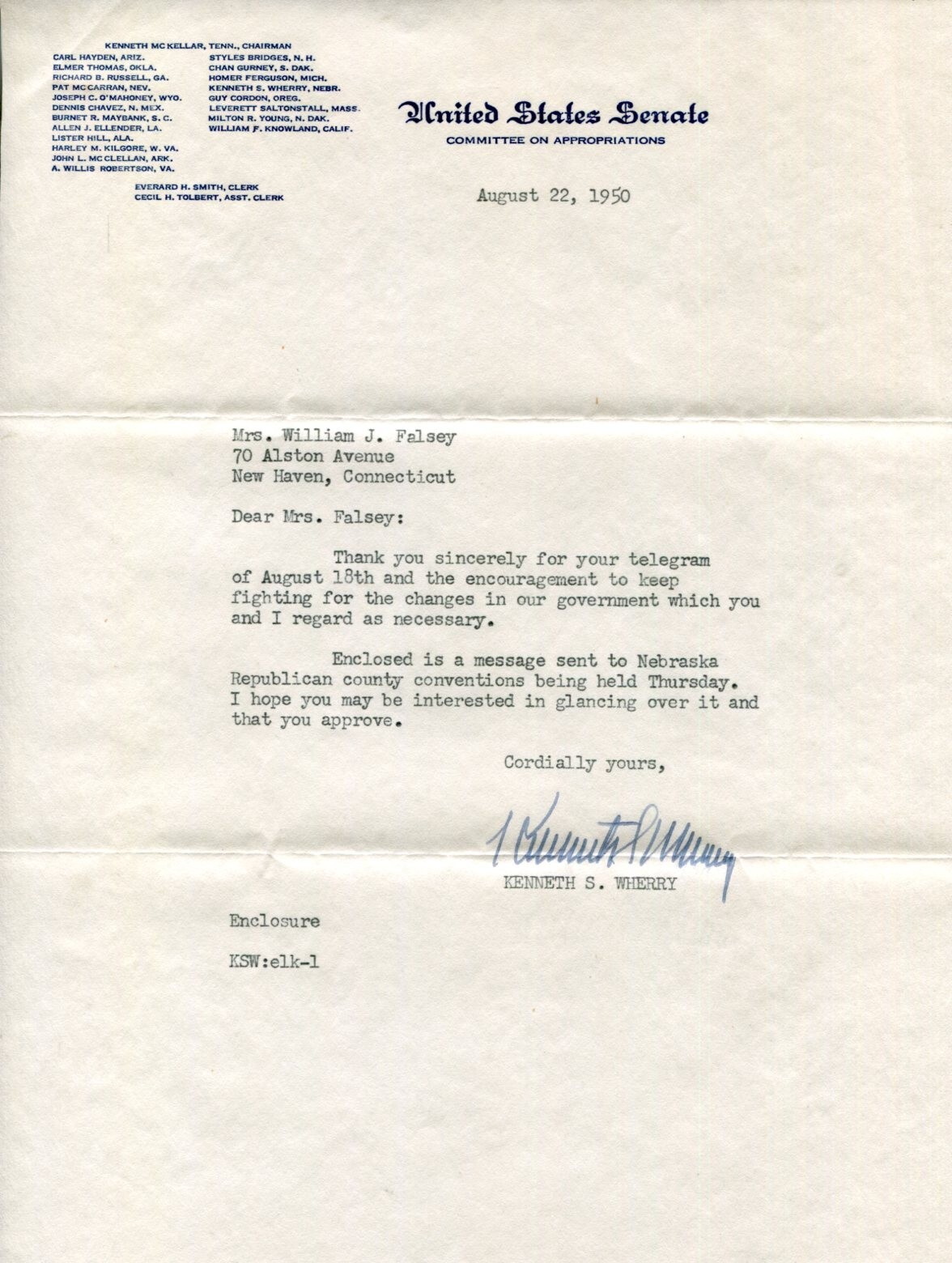 Kenneth S. Wherry NE Nebraska US Senator Congress Majority Whip Signed Autograph
