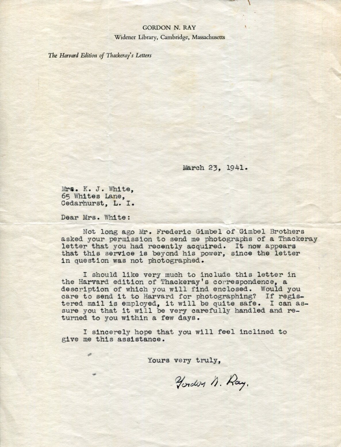 Gordon Norton Ray William Makepeace Thackeray Author Expert Signed Autograph