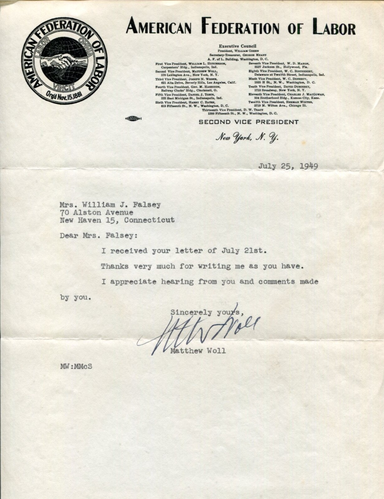 Matthew Woll AFL-CIO Vice President American Federation Labor Signed Autograph