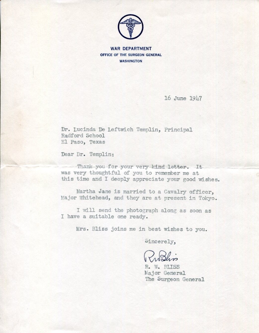 General Raymond W Bliss Surgeon General Army Korean War Signed Autograph Letter